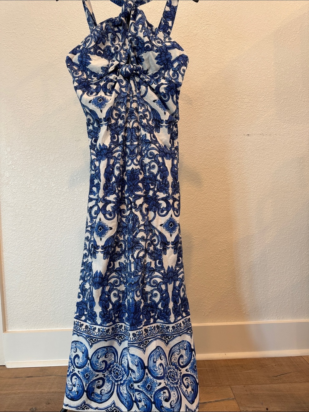 ANTONIO MELANI Blue and White Halter Maxi Dress